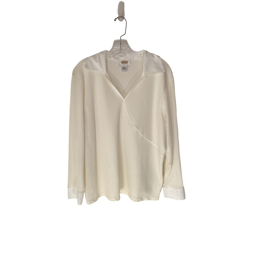 Talbots Woman Blouse Plus Cream Ribbed‎ Long Sleeve V-Neck Neutral Basic 1X